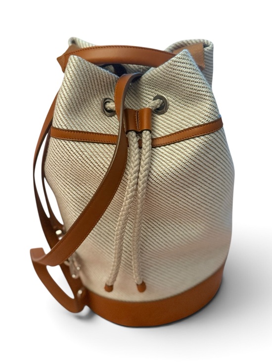 Loro Piana Handbags - Loro Piana Cream Canvas Bucket Tote with Tan Leather Trim and Canvas Cover Bag